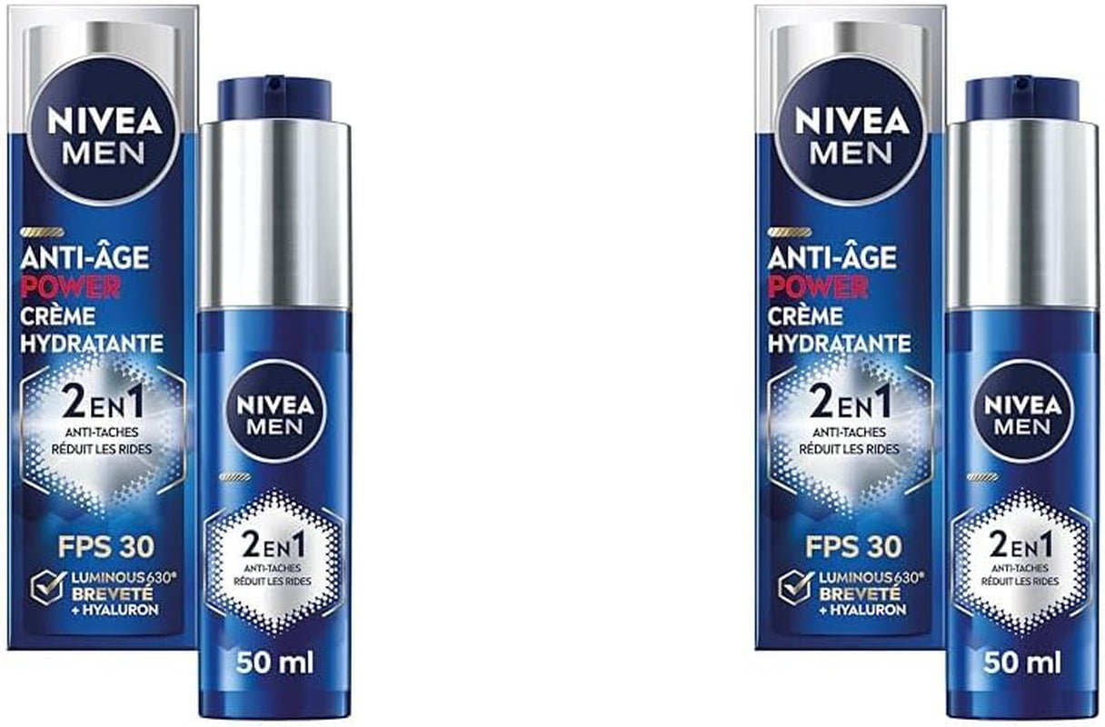 NIVEA MEN Crème Hydratante Power 2-En-1 LUMINOUS630® Anti-Âge & Anti-Taches (1 X 50 Ml), Crème Visage Pour Homme Enrichie En Acide Hyaluronique, Soin De Jour SPF 30 Pour Toutes Les Peaux (Lot De 2)