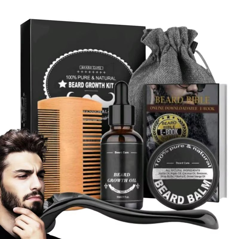 5Pcs Men Beard Barba Grooming Beard Set Beard Growth Oil Men Hair Enhancer Thicker Mustache Grooming Beard Care Oil Comb Bag