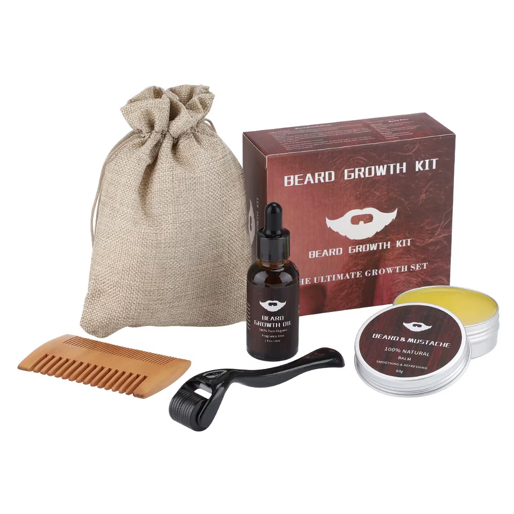 Beard Growth Kit for Men Barbe Hair Enhancerbeard Essential Oil Moisturizing Wax Growth Roller Comb Styling Scissors Beard Care